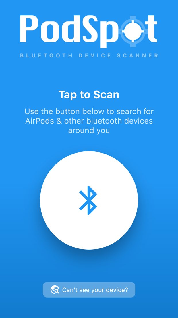 PodSpot scan screen with a button to search for AirPods and other Bluetooth devices