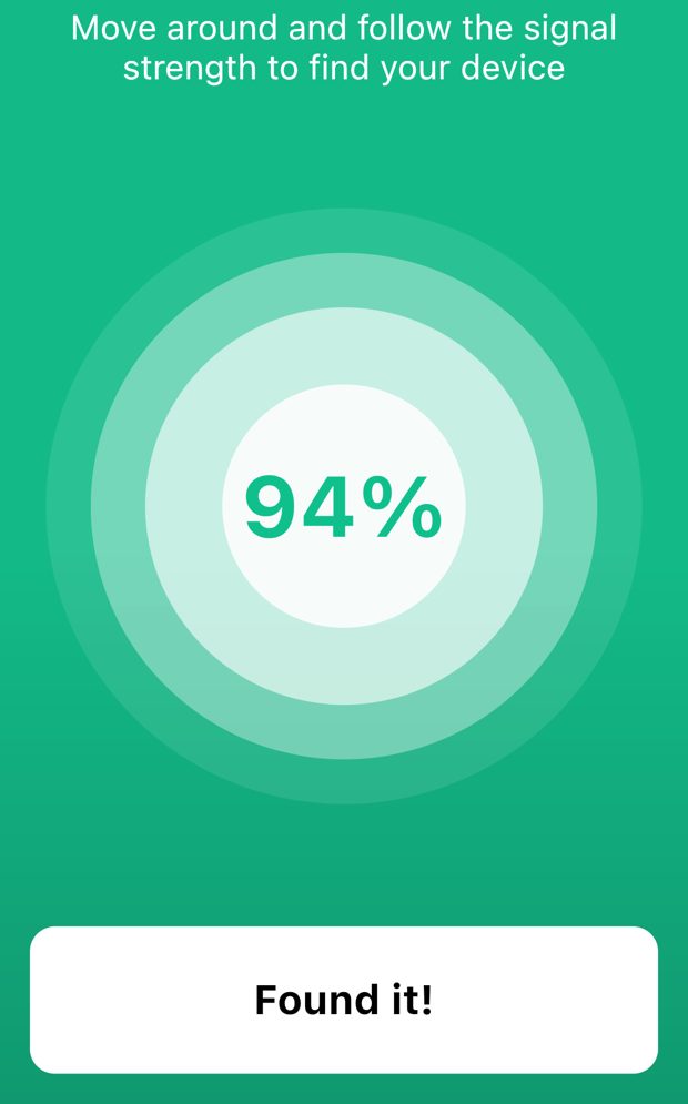 PodSpot signal screen showing 94 percent signal strength and a Found it button
